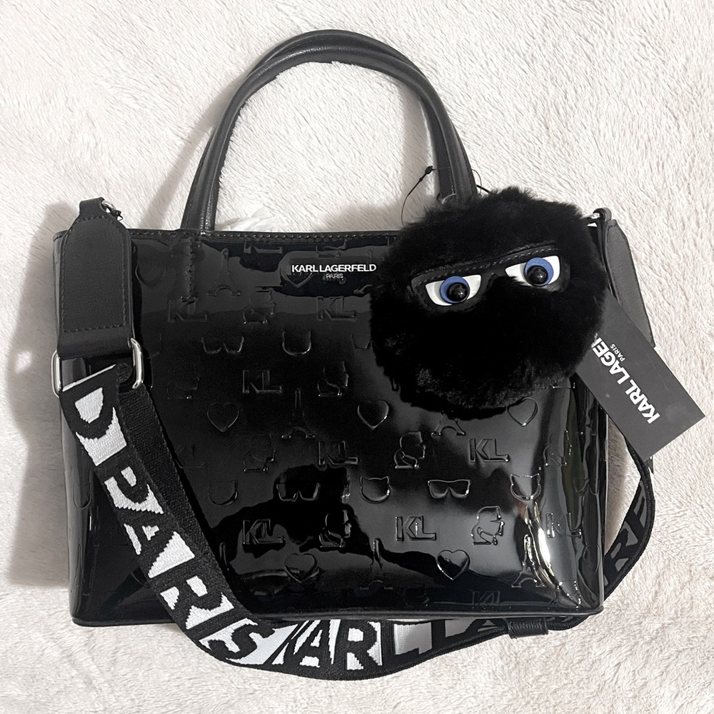 Karl Lagerfeld Black Satchel with Structured Handles and Pom-Pom Charm